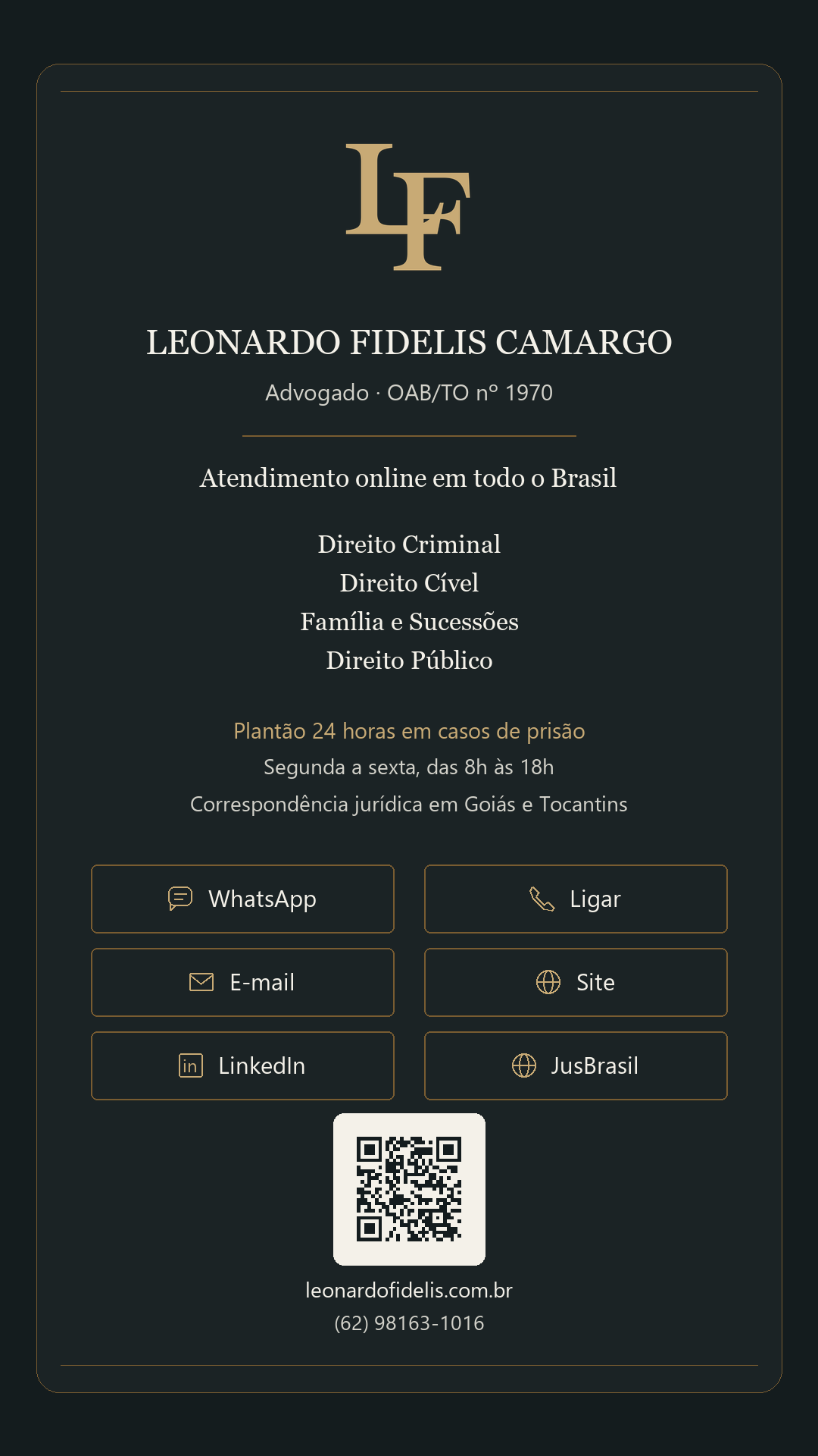 Cartão de Leonardo Fidelis Camargo, OAB/TO nº 1970. Atendimento online em todo o Brasil.